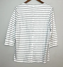 Chico’s NEW Button Back Striped Slub Tee Top White Black 3/4 Sleeves Comfy Sz M