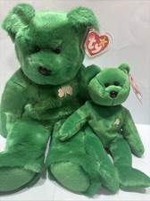 TY Beanie Buddy "Erin the Irish Bear with her baby" Green Shamrock  Retired
