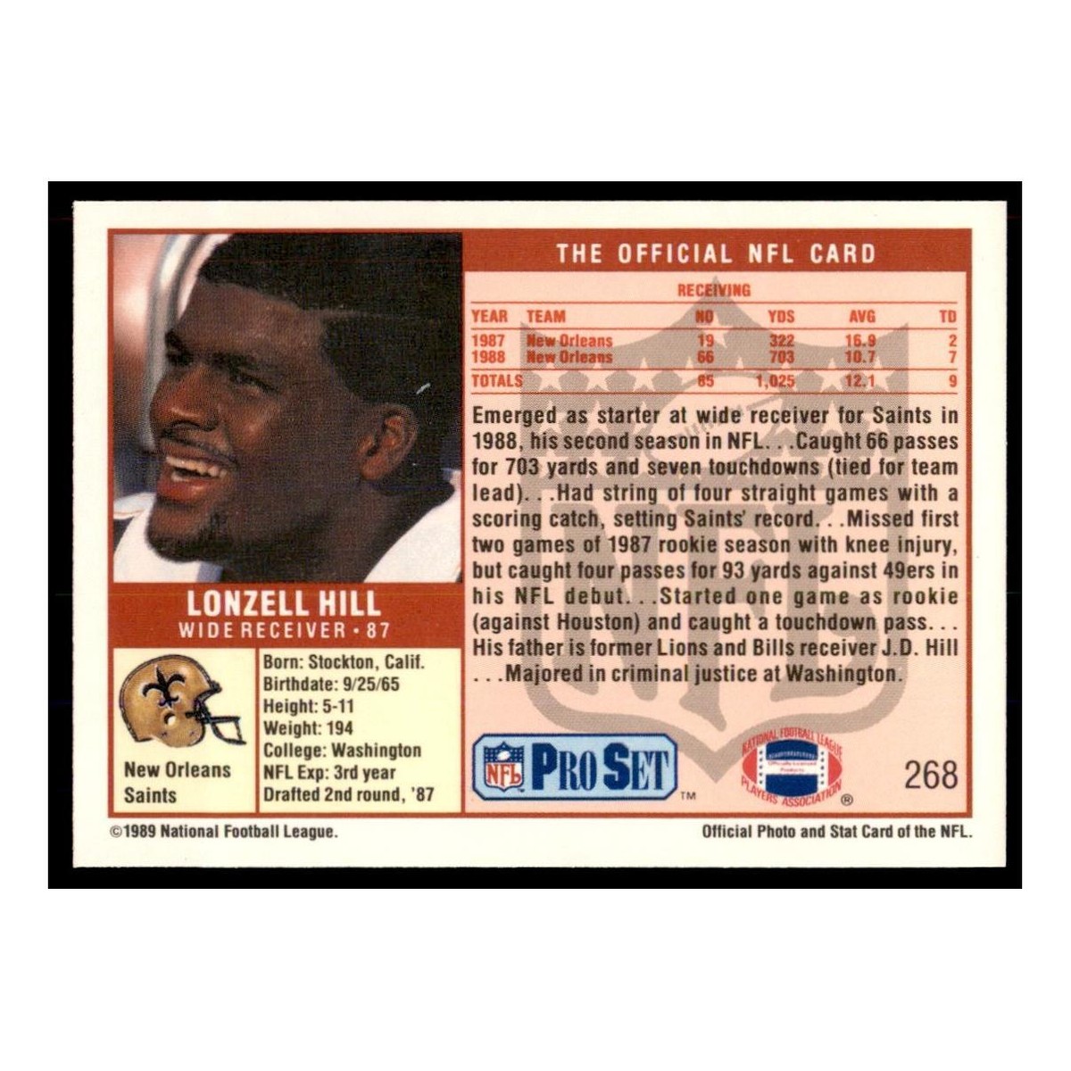 ADULT ロールチケット 6771番〜　レア 1989 Pro Set #268 Lonzell Hill Rookie New Orleans Saints Football