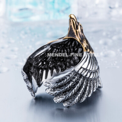 MENDEL Men's Stainless Steel Eagle Head Ring - Biker Style Bird Ring Sizes 7-15