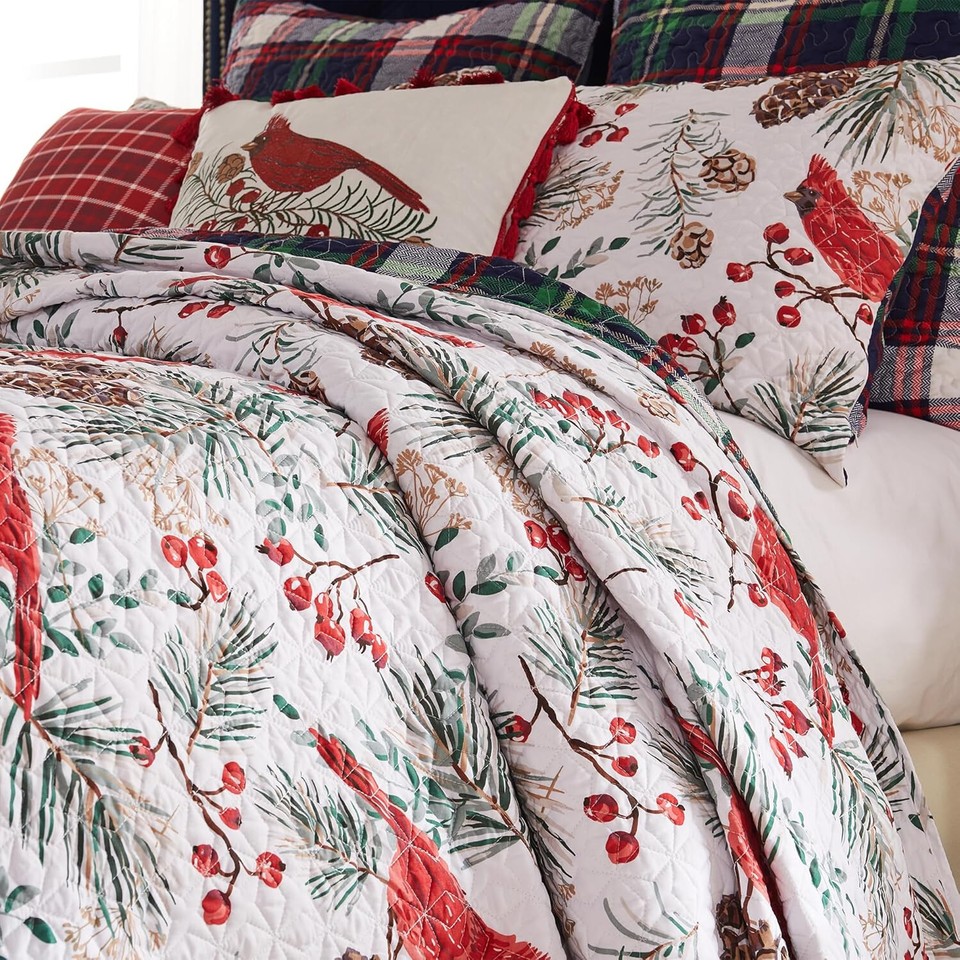 RED CARDINAL CHRISTMAS 3p Queen QUILT SET GREEN TARTAN PLAID BIRDS