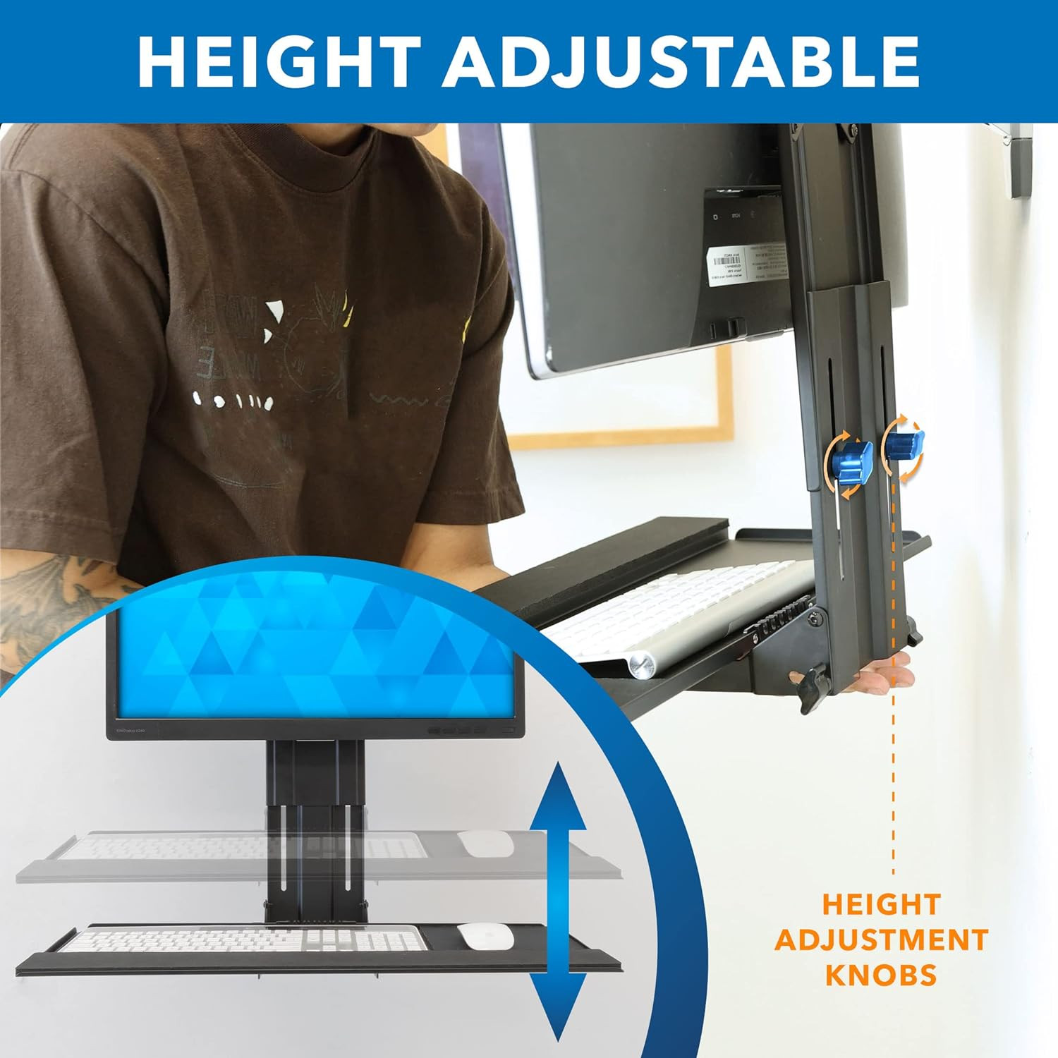Monitor and Keyboard Wall Mount, Height Adjustable Standing VESA Keyboard Tray, 