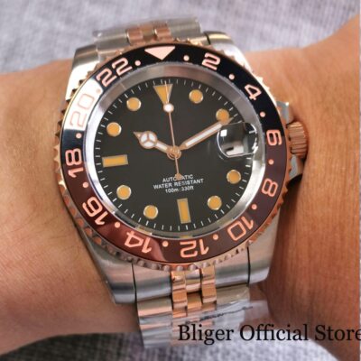 BLIGER Fashion 100M Waterproof NH35 PT5000 Two Tone Rose Gold Automatic Watch