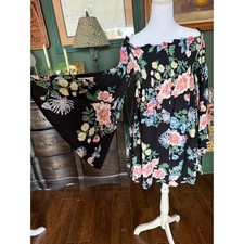 Favlu  Black Floral Smocked Off Shoulder Bell Sleeve Boho Mini Dress M
