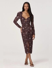 ASTR The Label Women's Ruched Mesh Midi Dress Size L Burgundy Floral NWT