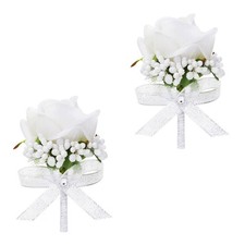 White Rose Boutonniere for Men, Set of 2, Groom and Best Man Artificial Bouto...