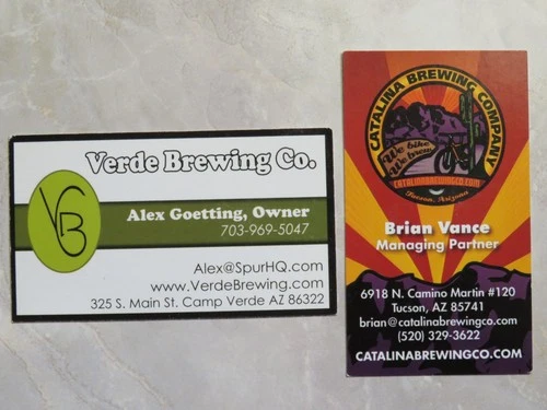 2 Brewery Business Cards ~ VERDE + CATALINA Brewing Cos.; ARIZONA Locations