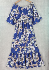 Eliza J Dress Womens 10 Blue Floral Off Shoulder Maxi Bell Sleeve Ruffle Coastal
