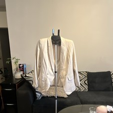 Women  s Beige Solid Button Blazer Jacket Mid-Length Long Sleeve Size M/L