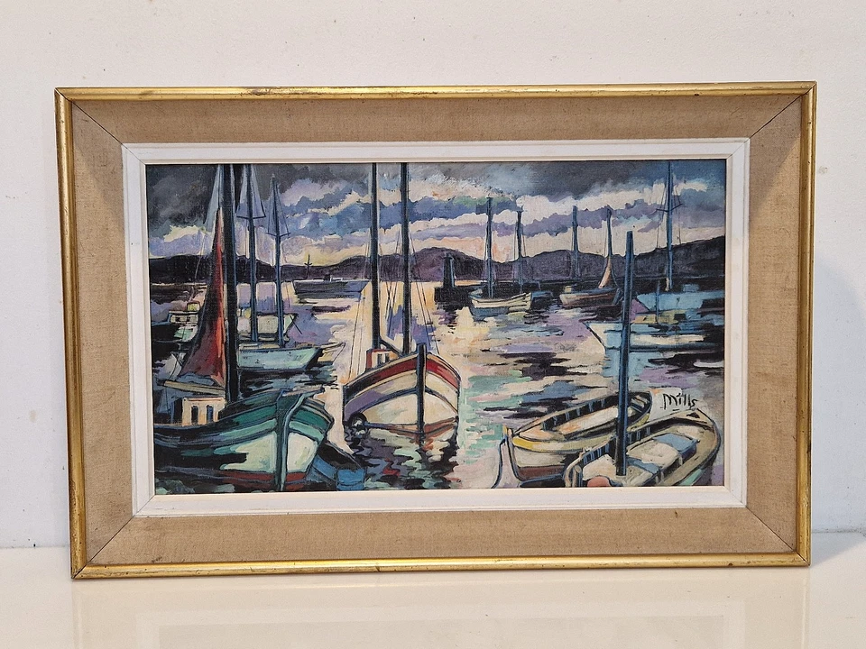 Ecole américaine - Wilfred Taylor Mills (1912-1988) - HST vue de port à l'aube - Photo 2/4