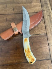 9" CUSTOM HANDMADE HAMMERED DAMASCUS BURNT BONE HANDLE KNIFE LEATHER SHEATH 1121