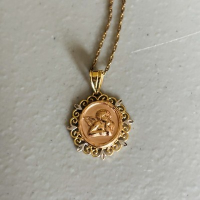 14k Tricolor Gold Angel Cherub  Pendant With Prayer On Back