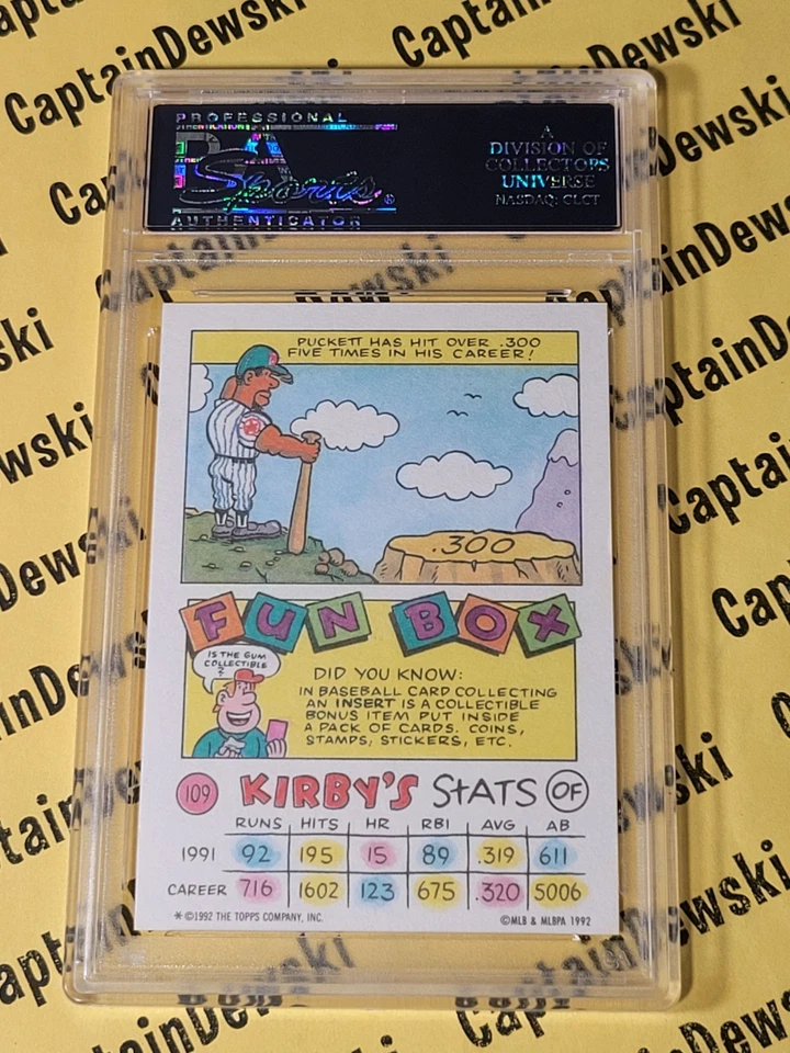 KIRBY PUCKETT 1992 Topps Kids #109 PSA 10 GEM MINT Graded! Rare POP32 - Image 2 of 2