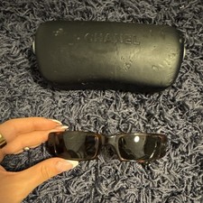 CHANEL Rectangle Sunglasses Brown Plastic Frame Logo CC with Case for Women