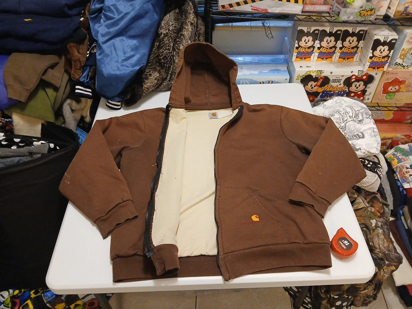 Vtg Carhartt Thermal Lined Full Zip Faded Brown Hoodie Jacket Sz XL Distressed