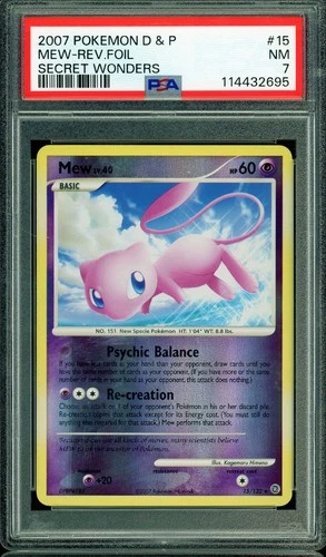 2007 POKEMON DIAMOND & PEARL #15 MEW REVERSE FOIL SECRET WONDERS PSA 7 NM
