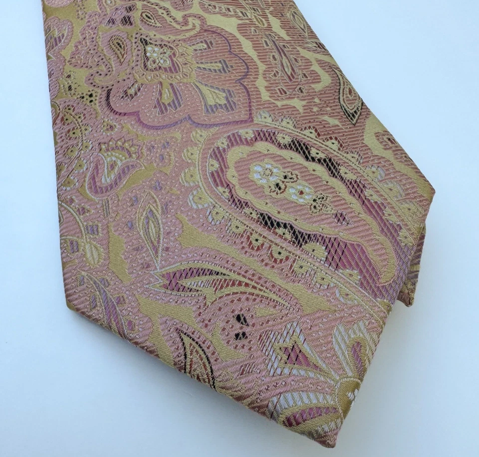 Venturi Uomo Handmade Silk Tie Men's Paisley Pink/Gold - Image 4 of 4