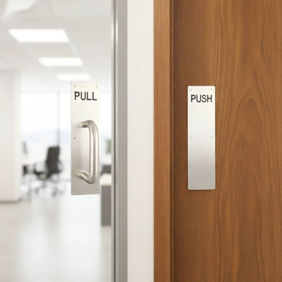 Heavy Duty Stainless Steel Pull Handle, Push Plate & Screws for Work Office Door - Image 2 of 4