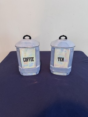 Vintage Czechoslovakia Lusterware Pearl Blue Set of 2 Coffee and Tea Canisters