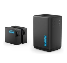 Official GoPro dual battery charger with two black rechargeable batteries.