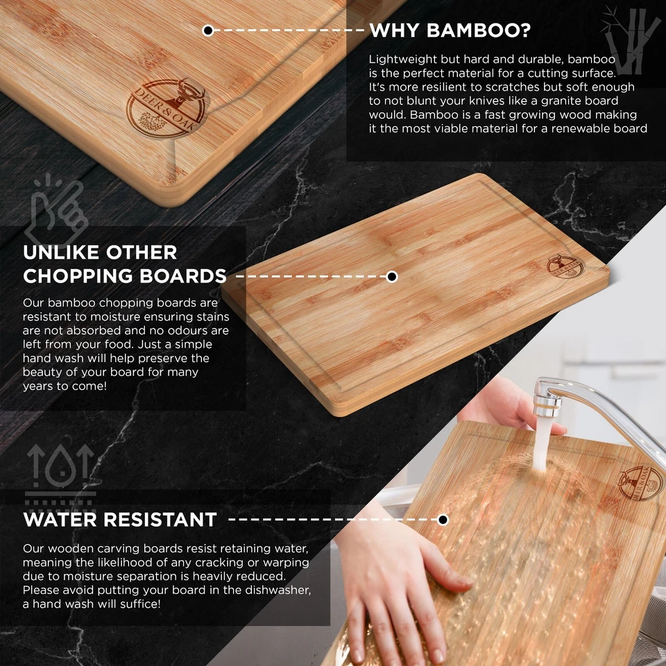 Extra Large Wooden Chopping Board Bamboo Cutting Serving Wood Kitchen Food - Image 3 of 4