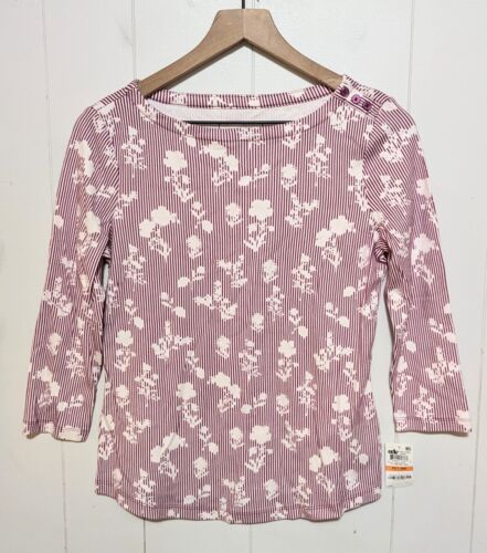 Charter Club Top Womens PS Purple White Floral Striped Boat Neck 3/4 Sleeve NWT