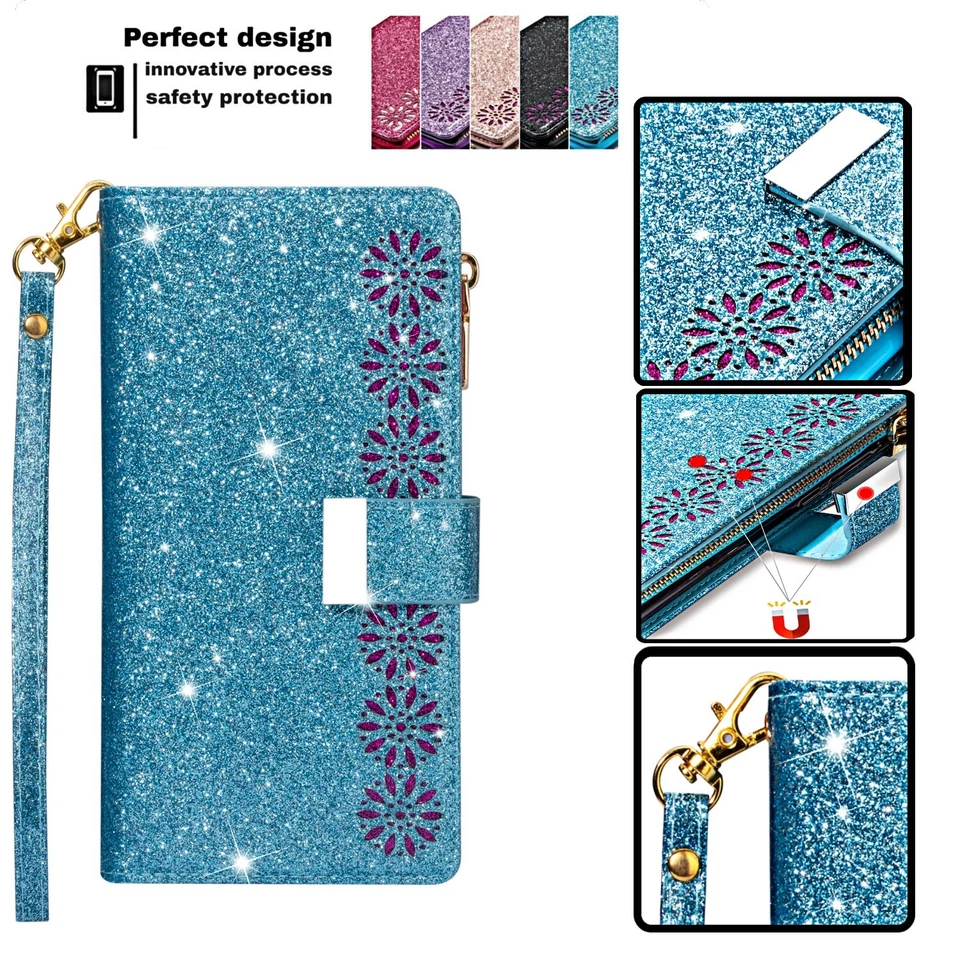 For Samsung S25 Ultra S24 FE S23 Plus Zip Wallet Case Glitter Leather Flip Cover - Image 4 of 4