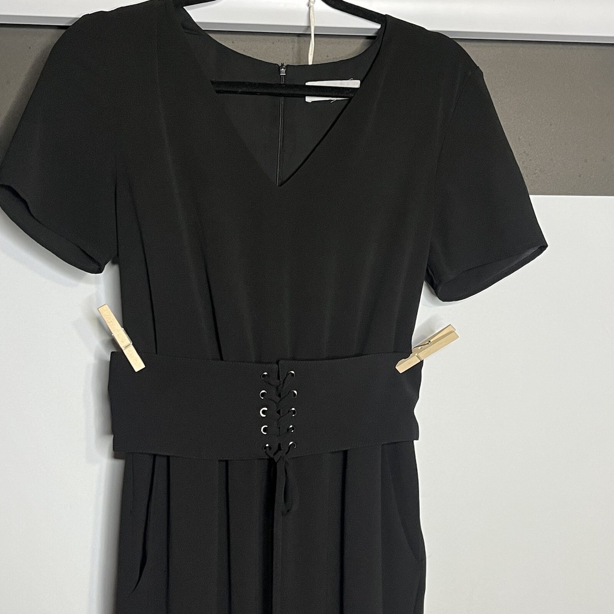 WAYF Jumpsuit Womens S Lace Up Corset Wide Leg Short Sleeve Black