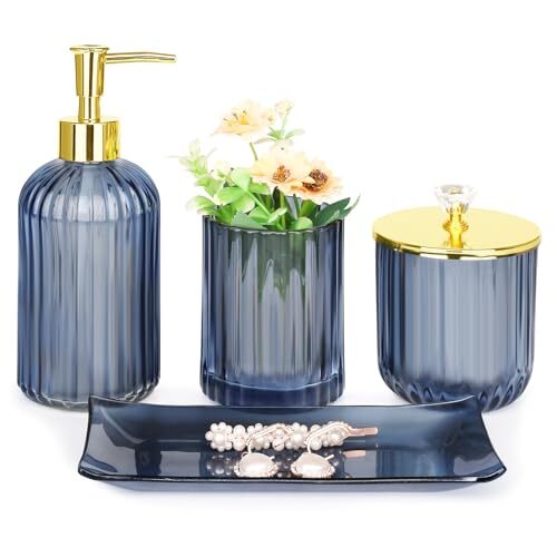 Bathroom Accessories Set, 4 Pcs Blue Glass Bathroom Accessories Sets 3
