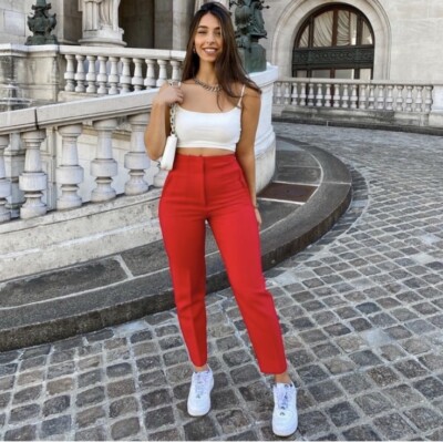 Highwaist ribbon pants 2色Mサイズ Business Pants for Women High Waisted Stretch Twill Cropped