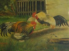 Antiguo 1938 Vintage Óleo sobre Artista Tablero de Gallos de Lucha Firmado F. Arnold