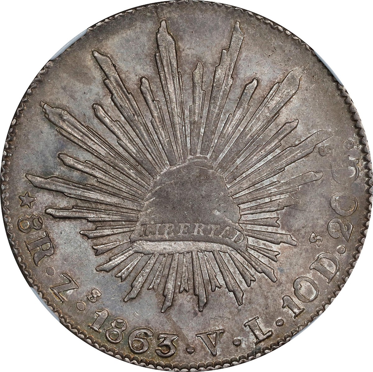 Mexico Silver 8 Reales 1863-Zs VL Zacatecas Mint. NGC MS-62