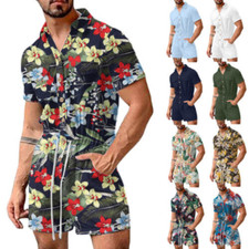 Mens Short Sleeve Casual Printed Jumpsuit Shorts One Piece Overalls Romper Pants
