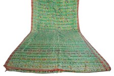 FNC Vintage Saree Indian Green Woven Ikat Blend Silk Sari Craft Fabric 5YD