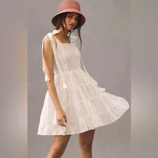 NWT Anthropologie x Mille Shoulder Tie Eyelet Mini Dress w/ Tassels, MSRP $278