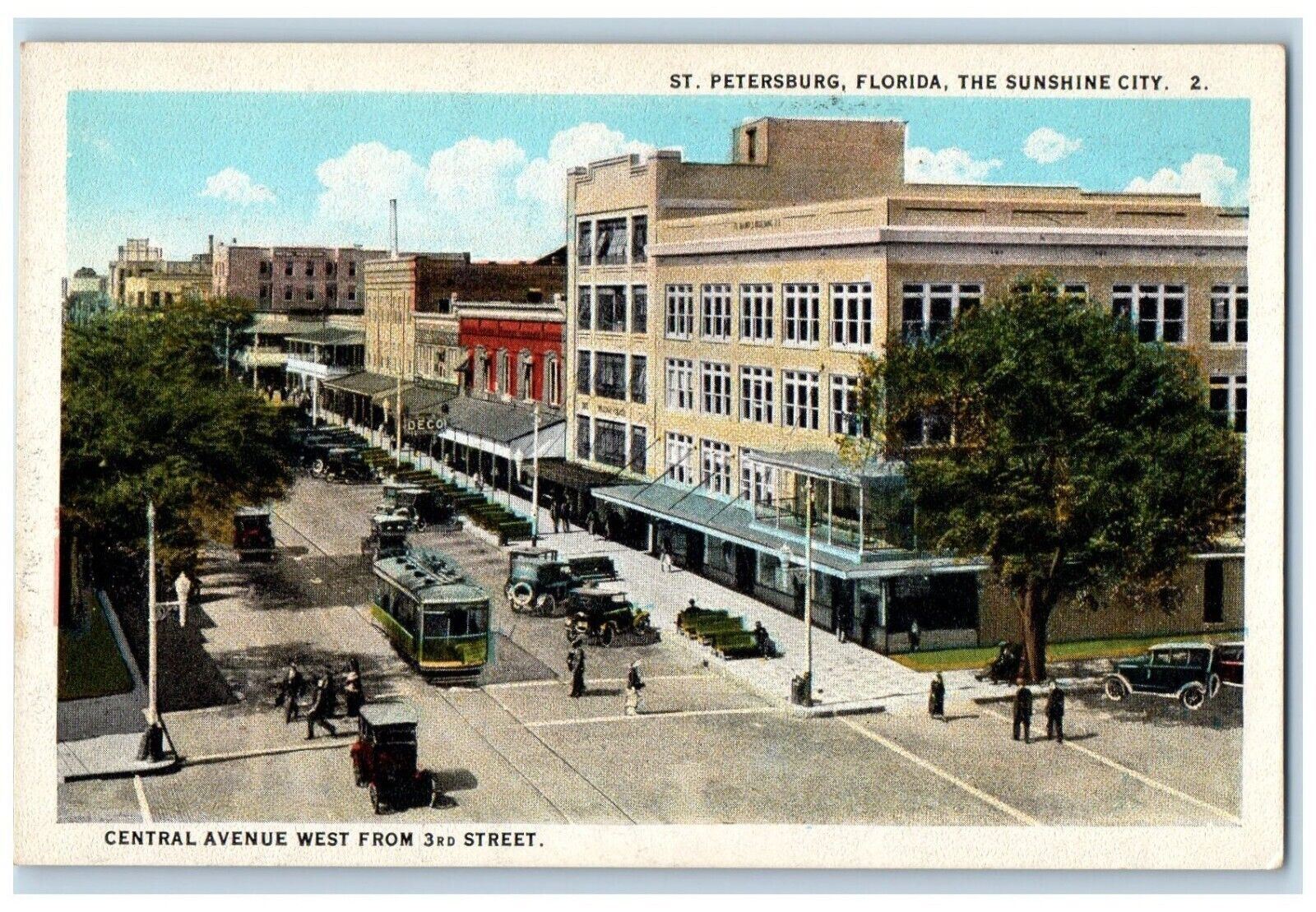 c1920's Trolley Car Central Avenue West Sunshine City St. Petersburg FL Postcard