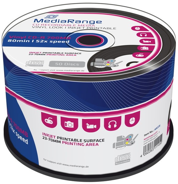 100 Mediarange Rohlinge CD-R Printable Vinyl Black Dye 80Min 700MB 52X Spindel-image