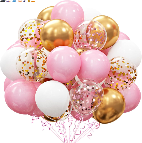62Pcs Pink Gold Confetti Latex Balloons Kit, 12 Inch Pink White Gold Helium Ball