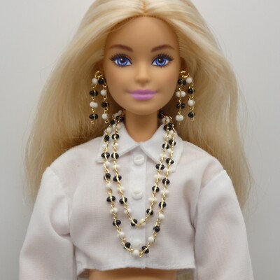 Barbie Integrity Toys Doll Size Necklace Earrings Set Black White Beaded Gold