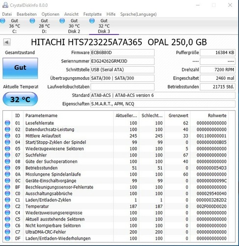Hitachi HGST Travelstar Z7K320 TCG HTS723225A7A365 250GB 2,5" SATA 7200RPM