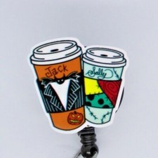 Jack and Sally Coffee Cups Disney Nightmare Christmas Badge Reel ID Holder Nurse