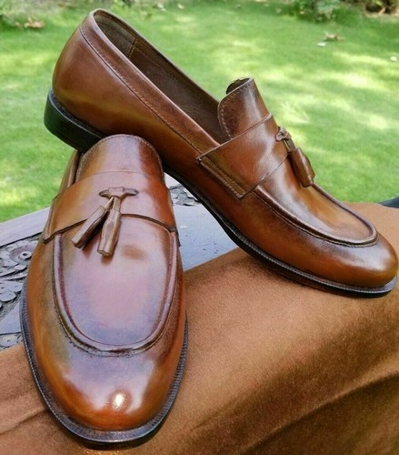 Mocassini da uomo in vera pelle marrone fatti a mano con nappine | eBay