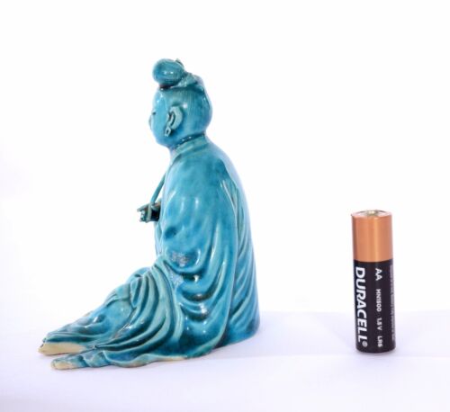 Statue figurine Bouddha Kwan Yin assise porcelaine chinoise émaillée turquoise années 30 - Photo 4 sur 10