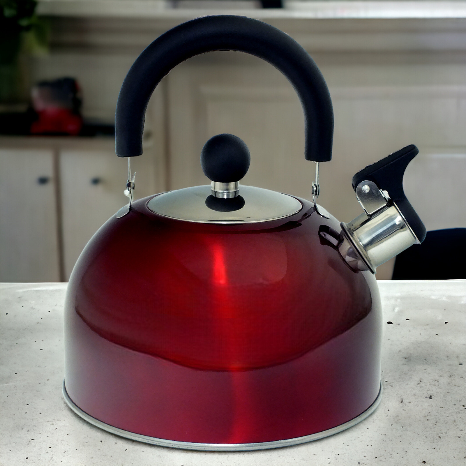 Stovetop Kettle Whistling Spout Metallic Red Stainless Steel Gas