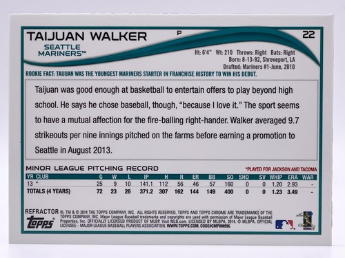 2014 Topps Chrome Purple Refractor #22 Taijuan Walker RC Seattle Mariners - Picture 2 of 2