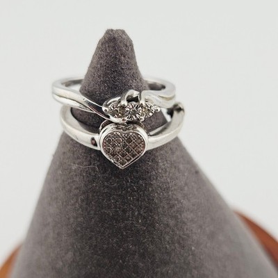 925 Sterling Silver Pair Of Rings Size 7 Crystal Heart Dainty Everyday Elevated