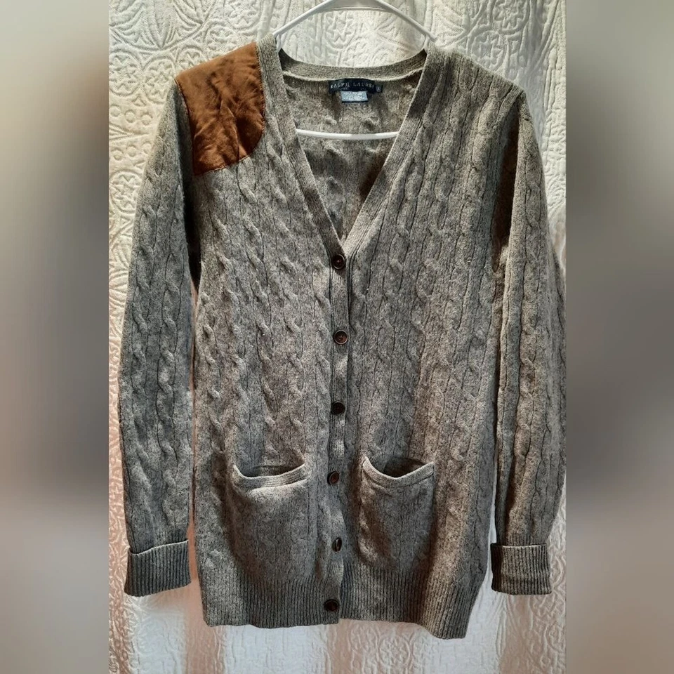Ralph Lauren Suéter Mujer Grande Gris Cárdigan Lana Cachemira Gamuza De Colección Foto 2 de 4