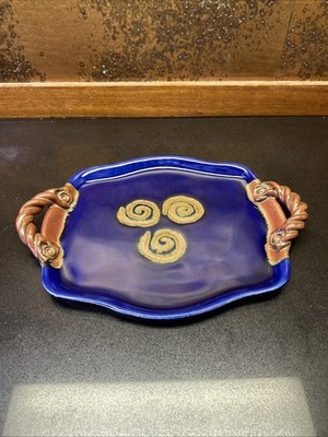Vozar Jemez Mt. Pottery Tray Blue Swirl Design 15x11 Double Handle Artist Signed