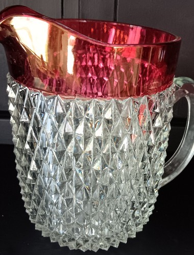 Indiana Glass Diamond Point Ruby Flash Pitcher & Ice Bucket. No Chips Or Cracks - Picture 3 of 8