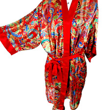 Vintage Inner Most Sheer Metallic Satin Paisley Kimono Robe Size M Red Blue